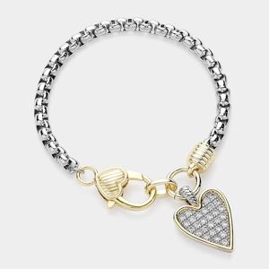 Two Tone 14K CZ Stone Heart Pendant Chain Dangle Charm Bracelet Bangle Silver